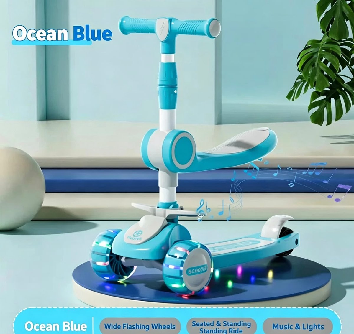 Kinderstep 2-in-1 met Zitje – 3 Wielen – LED Verlichting – Verstelbaar Stuur – Blauw