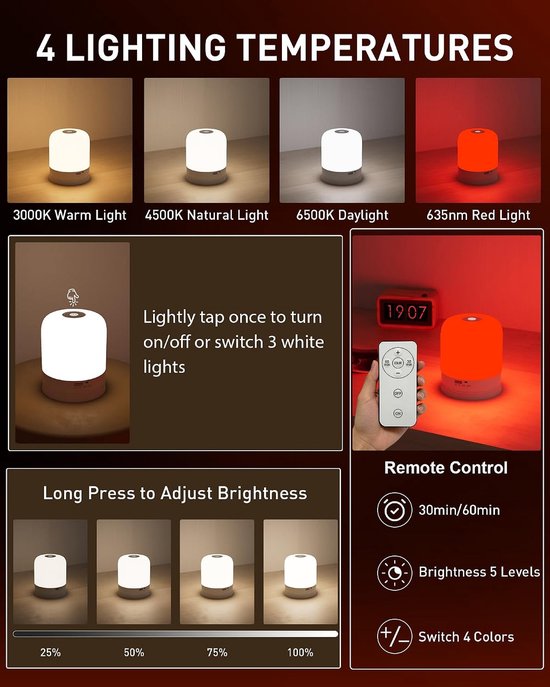 Rood Licht Slaaplamp 670nm, 4 Kleurstanden, Melatonine Ondersteunend, Afstandsbediening, Timer & Dimbaar, voor Slaapkamer, Lezen en Babykamer — afbeelding 3