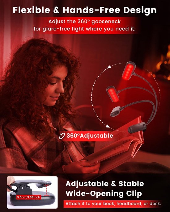 670nm Rood Licht Leeslamp voor Bedlezen Dimbare USB-Oplaadbare Klemlicht voor Slaap & Oogcomfort Instelbare Helderheid Draagbare Boekenlamp met Geheugenfunctie Energieklasse F [Energieklasse A] — afbeelding 2
