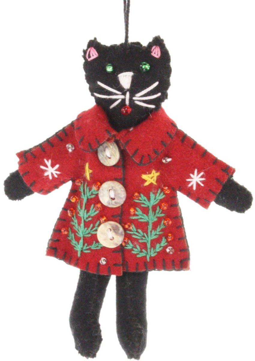 Kat met kerstjas rood/ zwart, vilt 11cm