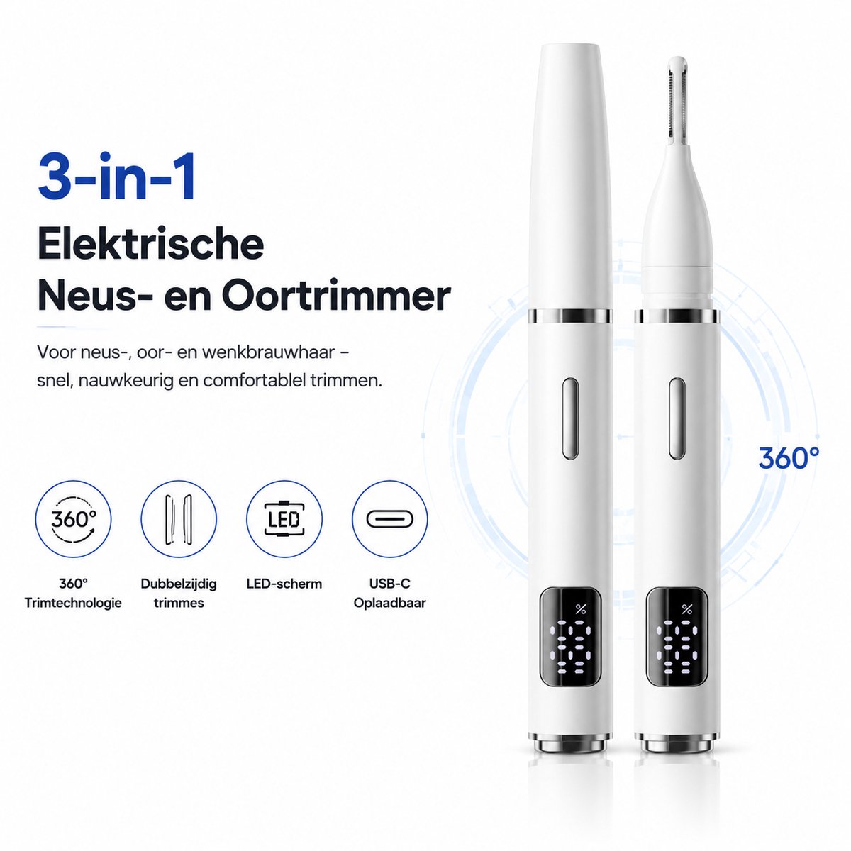 Neustrimmer - Neushaartrimmer - Oortrimmer - 3-in-1 - 360° Veilig Trimmes - USB-C Oplaadbaar - LED Batterijdisplay - Voor Neus, Oor en Wenkbrauwen - Wit