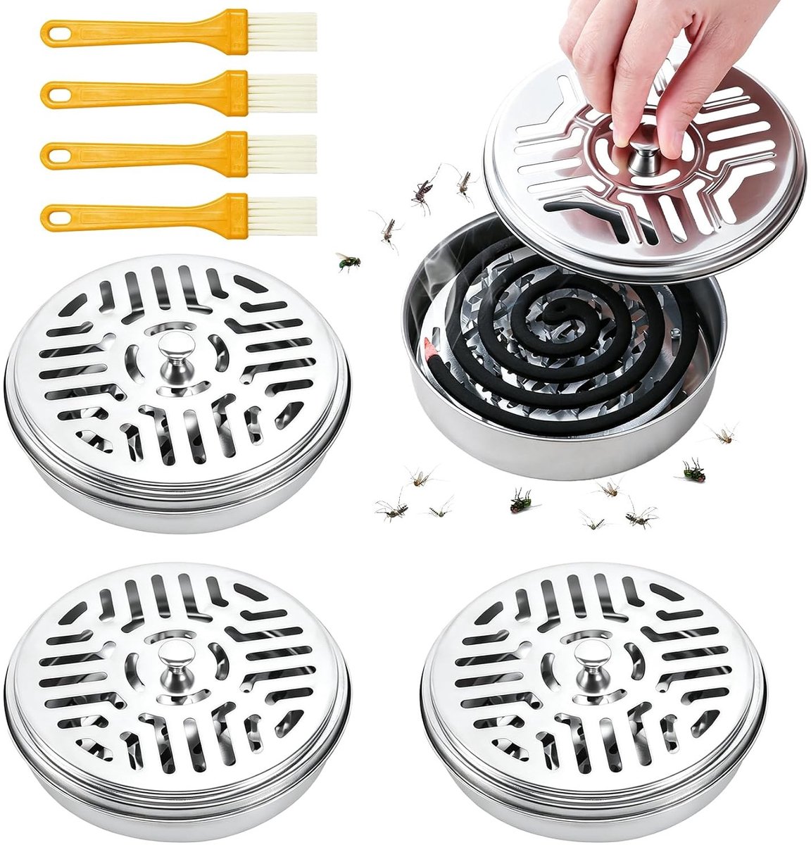 Mosquito Spiral Houder met Deksel - RVS, 4 Stuks, Inclusief 4 Borstels, Draagbaar en Duurzaam voor Muggenspiralen