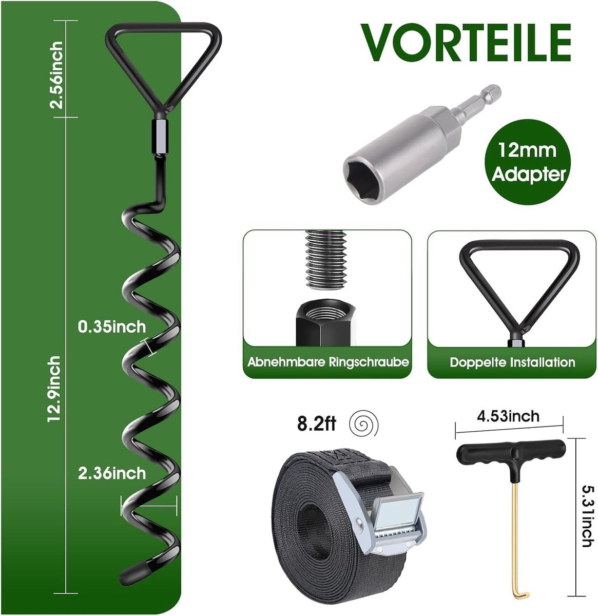 Zware grondankers voor trampolines - Set van 6 schroefankers met riemen voor extra stabiliteit bij harde wind