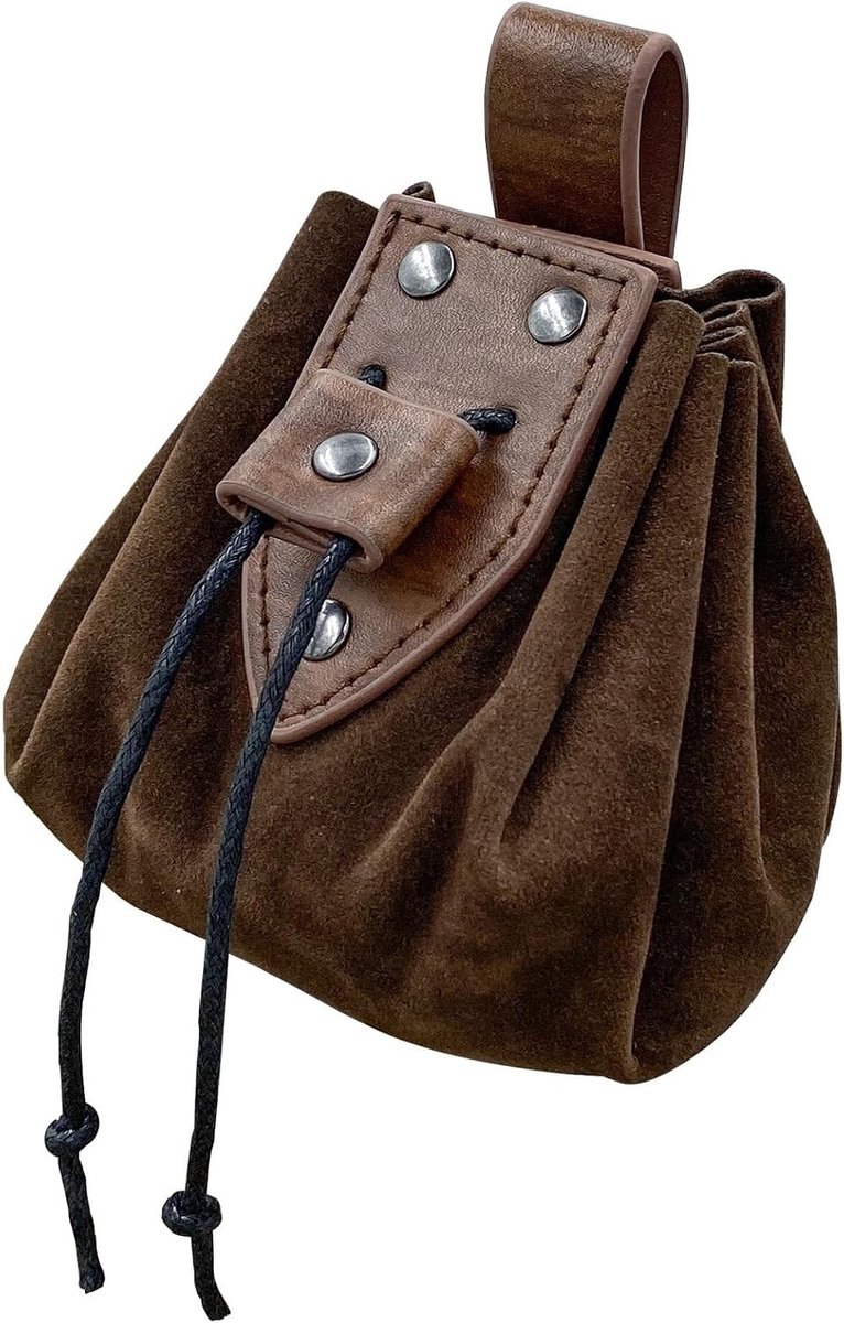 Medieval Faux Leather Drawstring Rugtas voor Piraten en Renaissance Fans, Bruin, 10cm, Retro Stijl, Handig en Duurzaam
