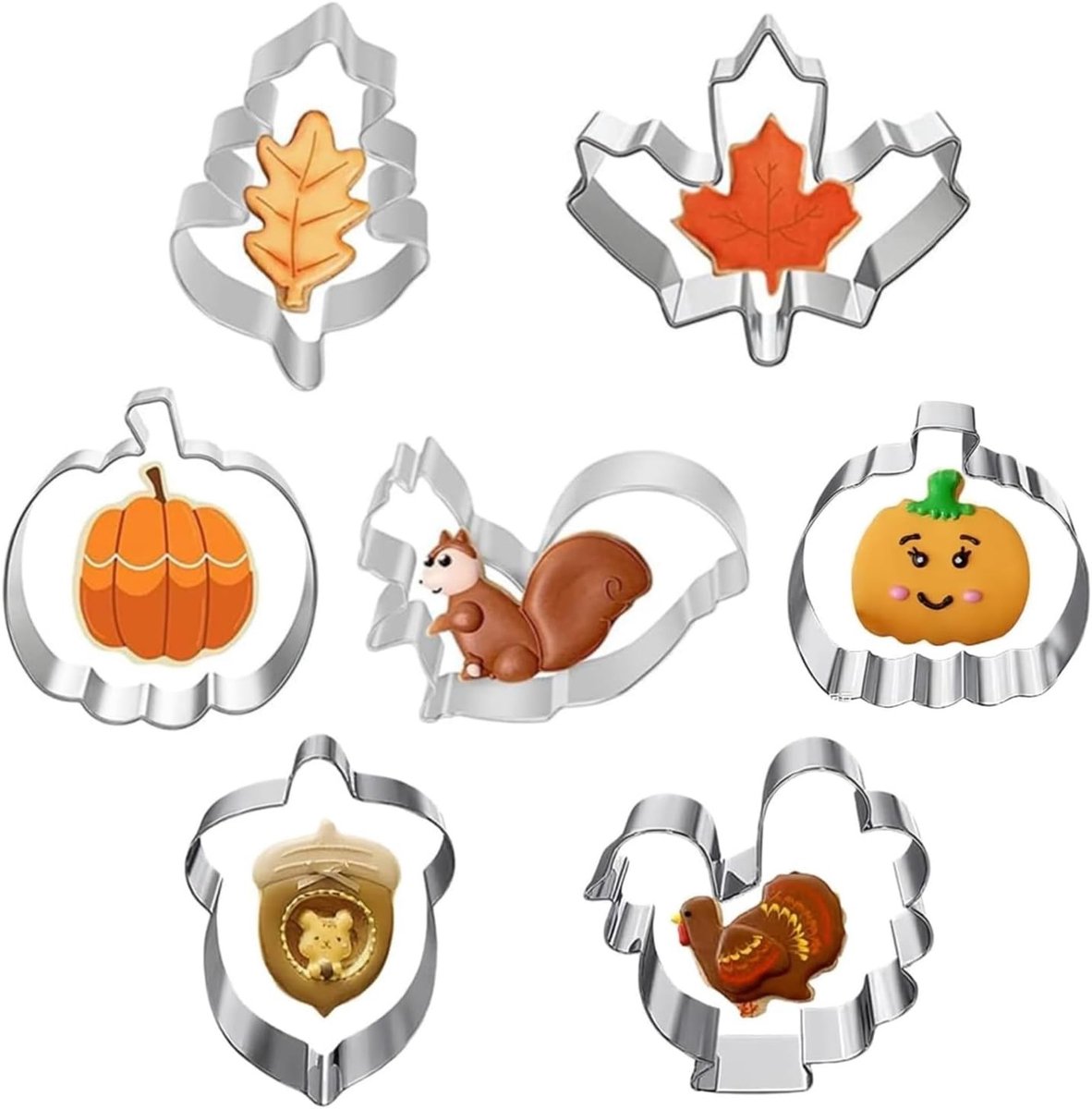 Set van 7 Uitsteekvormen voor de Herfst - Roestvrij Stalen Vormpjes voor Bakken, Thanksgiving en Feestdagen met Esdoorn, Pompoen en Kalkoen