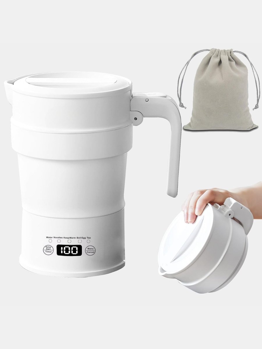 Allvia® Waterkoker Camping - Waterkoker Klein - Waterkoker met Temperatuurregeling - 0.7L - 1000W - Opvouwbaar - Wit - 16cm x 12cm x 8cm