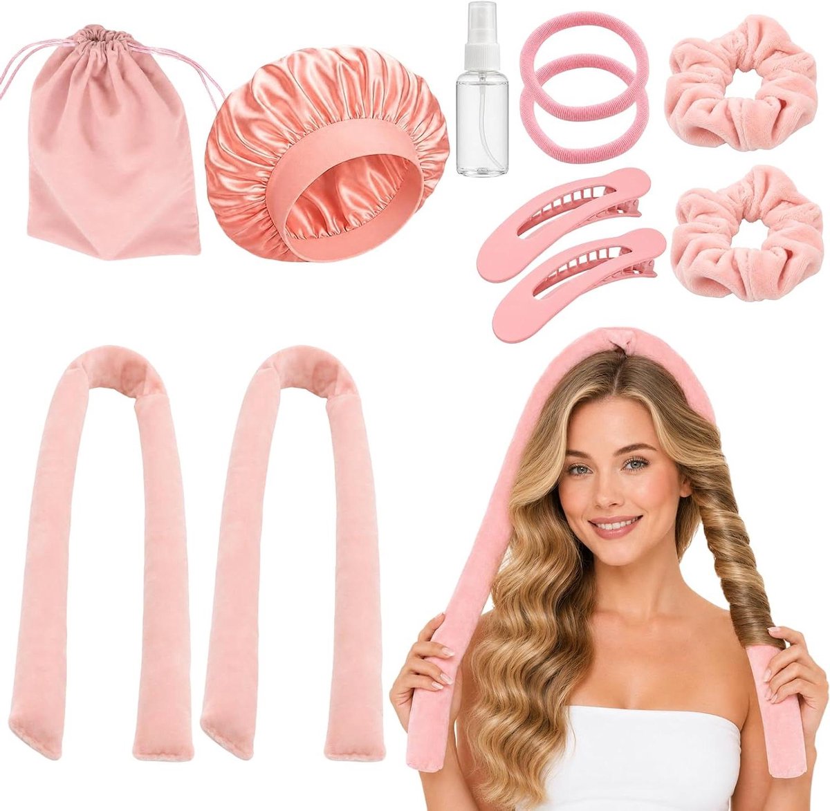 Hittevrije Krulset - Nachtkrullen - Haar Stijlen - Twee Maten - 11 Delig - Roze