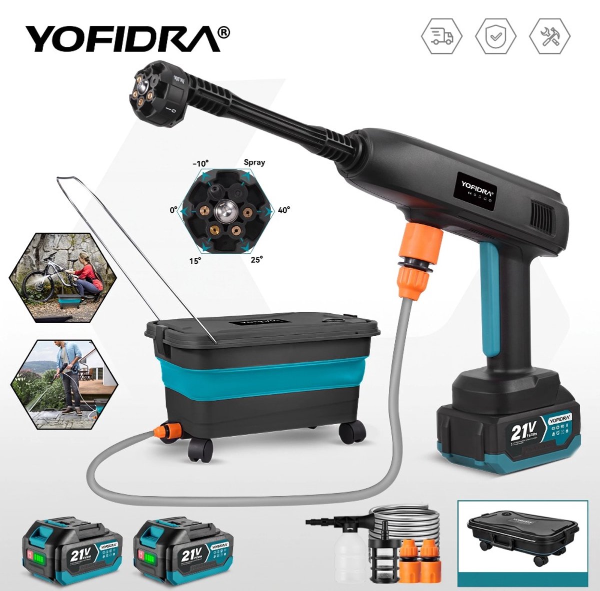 YOFIDRA Accu Hogedrukreiniger 50 Bar – 6-in-1 Spuitkop met 22L Opvouwbare Emmer voor Auto, Fiets en Terras