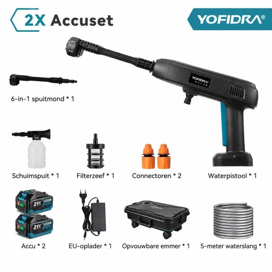 YOFIDRA Accu Hogedrukreiniger 50 Bar - 6-in-1 Spuitkop met 22L Opvouwbare Emmer voor Auto, Fiets en Terras van Yofidra — afbeelding 2
