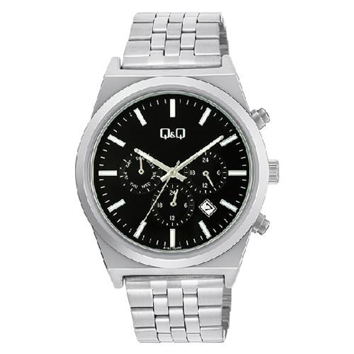 Q&Q-herenhorloge-chrono-dag/datum aanduiding-5 bar waterdicht-zwart-zilverkleurig-diameter 42 mm
