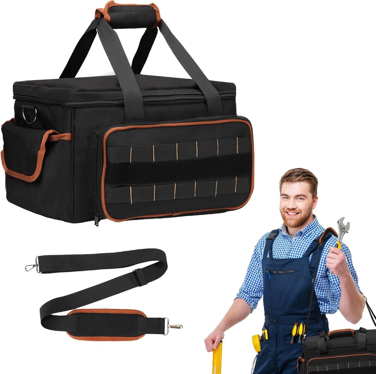 Duurzame 17 inch gereedschapszak voor mannen met schouderband, meerdere vakken, 900D Oxford stof, ideaal voor monteurs, elektriciens en timmerlieden
