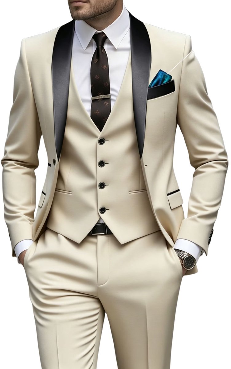 Currero 3 Delig Herenpak Met Overhemd - Suit 2 Delig - Tailored Fit Kostuum - Business Pak - Trouwpak - Smoking - Tuxedo Stijl - Bruiloft, Kantoor & Feest - Beige 1 XS