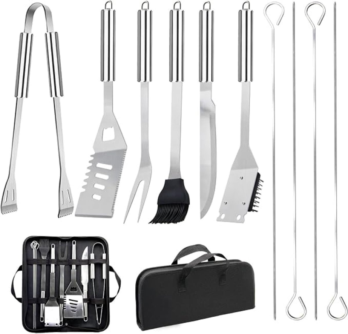 BBQ accessoireset van 11 delen met draagtas, roestvrijstalen barbecue bestek inclusief tang, spatel, vork, mes, kwast, spiesen en reinigingsborstel