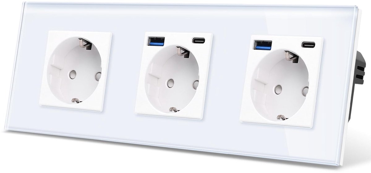 Drievoudig stopcontact met 4 USB-poorten - glas - geaard - ideaal voor snel opladen - ShopVlot