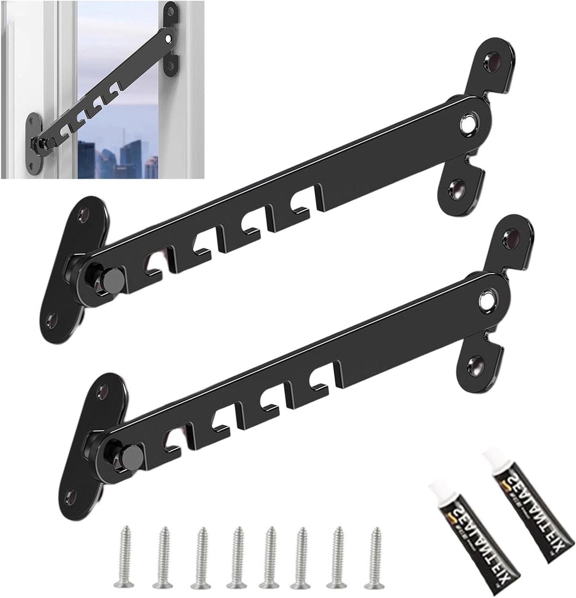 Raamstoppers Set - Venstergrendels - Ventilatie Regelen - Kinderbeveiliging - 2 stuks 18 cm - Zwart