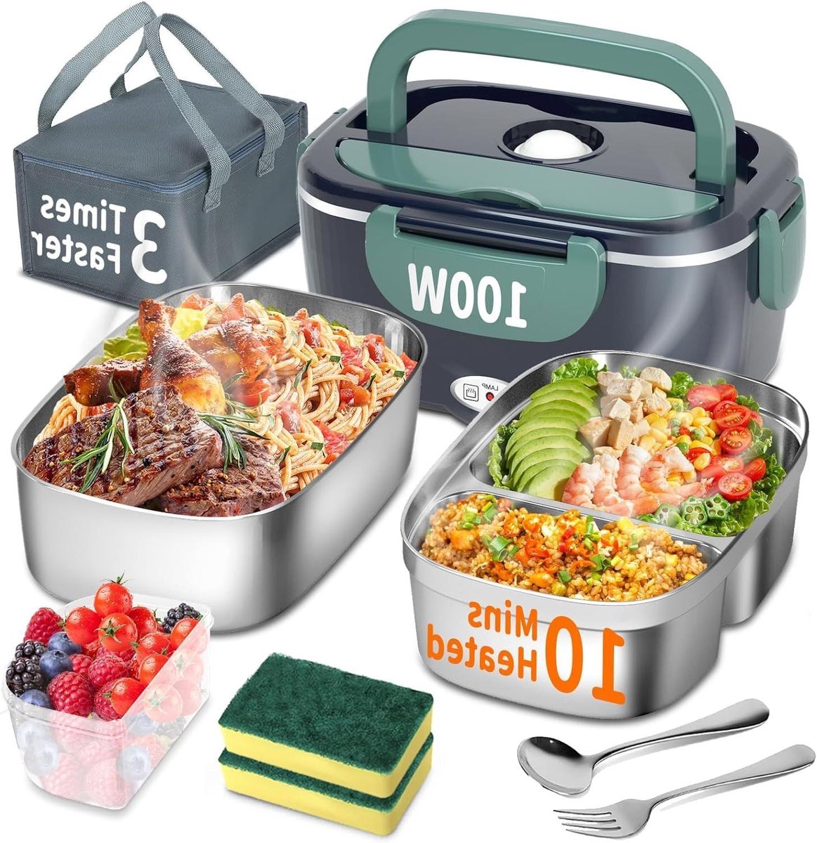 Elektrische lunchbox - Verwarmde broodtrommel - Warme maaltijd onderweg - Supersnel verwarmen - 1.5 liter capaciteit - Grijs