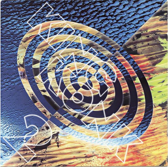 Abstracte kunst met blauwe en gouden tinten, geometrische patronen en cirkels.
