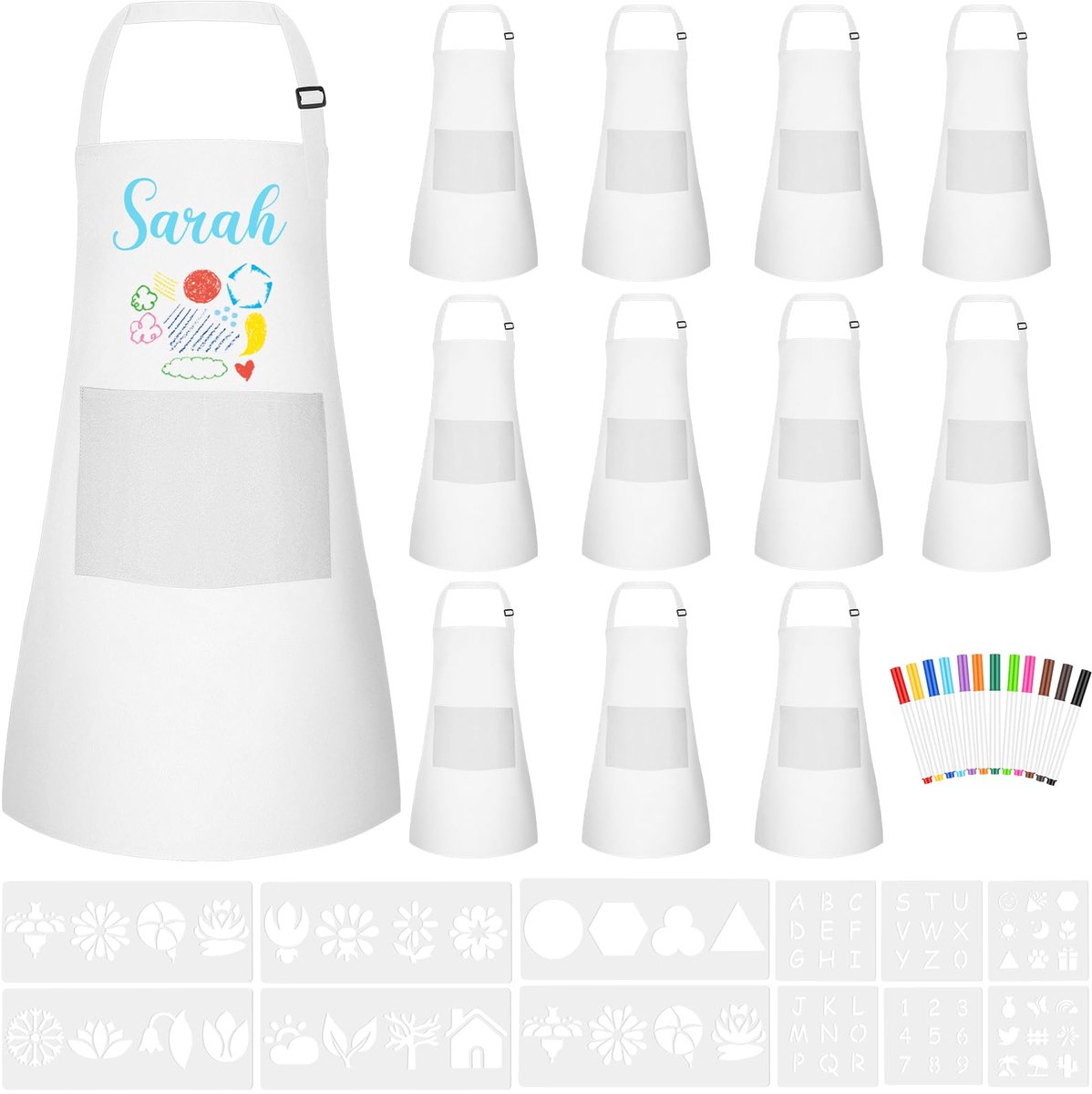 Kids schort verstelbaar 6/12/24 pack - wit - met gekleurde pen - ideaal voor ambachten en bakken - ShopVlot
