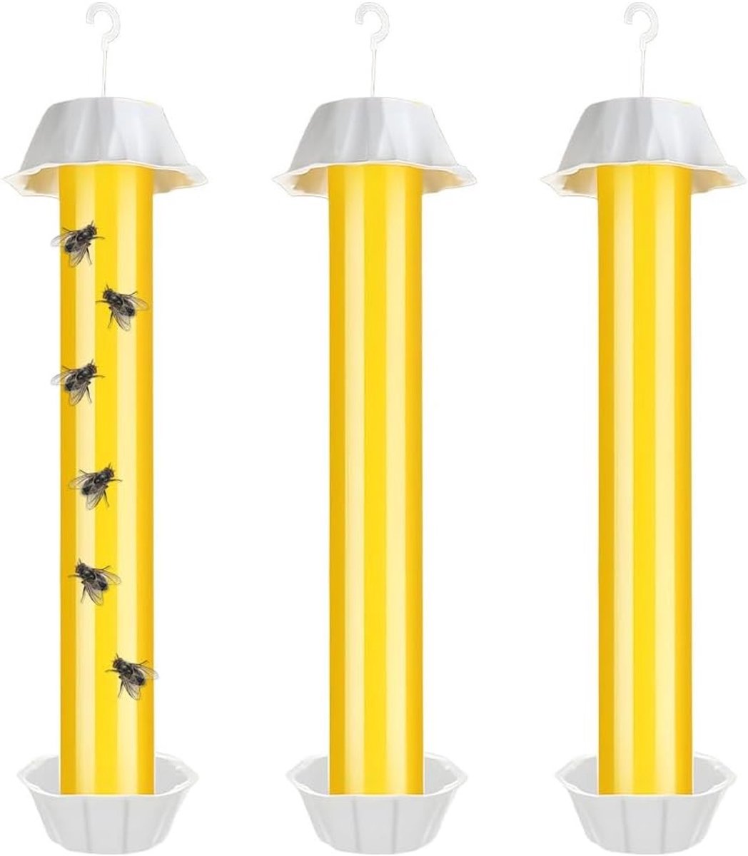 Effectieve vliegenval voor binnen en buiten, 3 stuks, met kleefstrips en haken, ideaal voor fruitvliegen en muggenbestrijding, eenvoudig op te hangen of neer te zetten, gele kleur