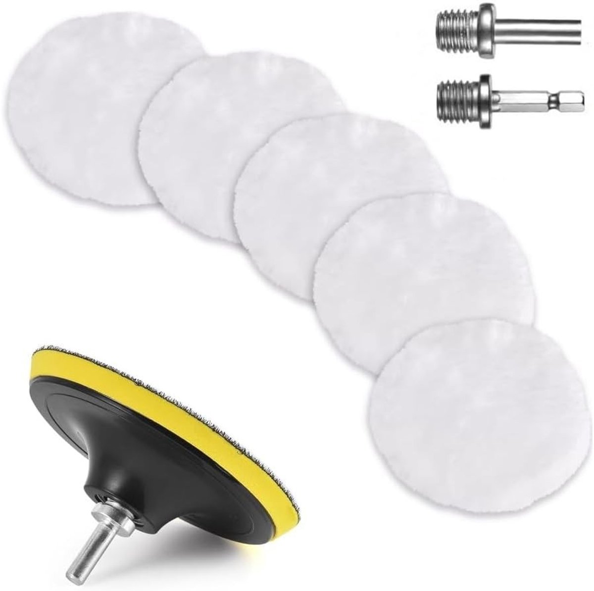 Complete set van 8 auto polijstpads met 100 mm wol, M10 booradapter en hexadapter voor glanzende afwerking