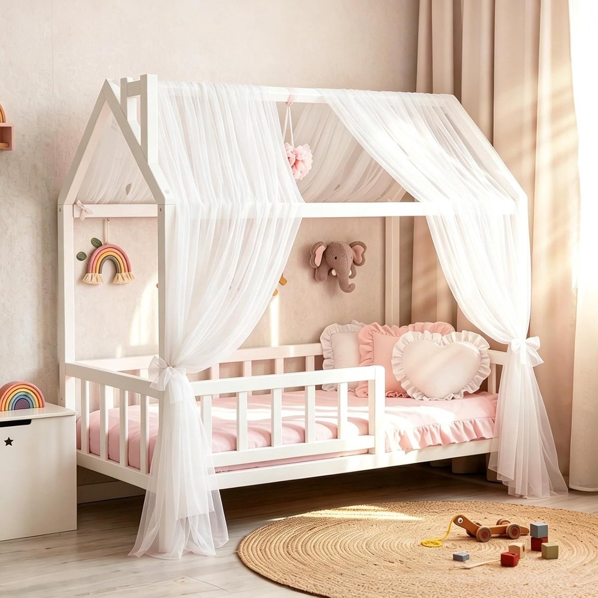 Set van 2 Tulle Bedgordijnen voor Huisbed, Decoratieve Canopy voor Kinderbed, 150 x 350 cm (Wit)