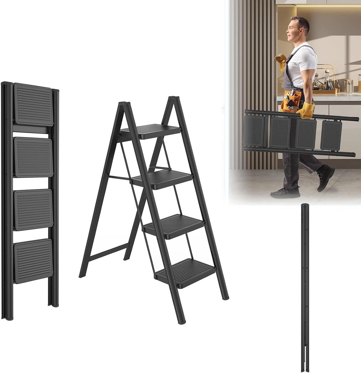 Inklapbare opstapje - Vouwladder met leuning - Klusjes in huis - Extra brede treden - 4 treden - Zwart