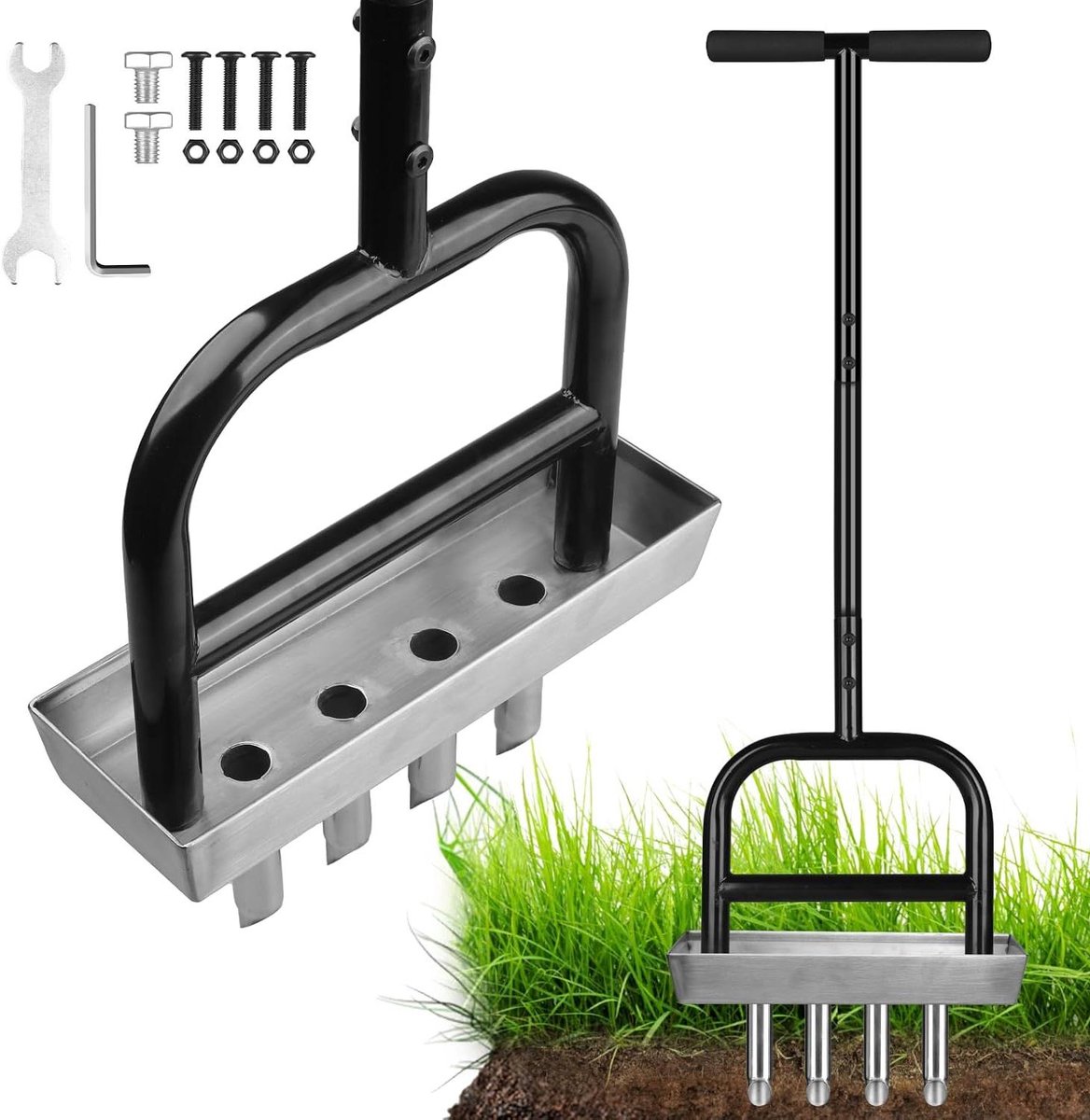 Gazonbeluchter Handmatig - Tuinbeluchter Grasmaaier - Gazon Onderhoud - Met Opvangbak - 94 cm Hoog - Zilver