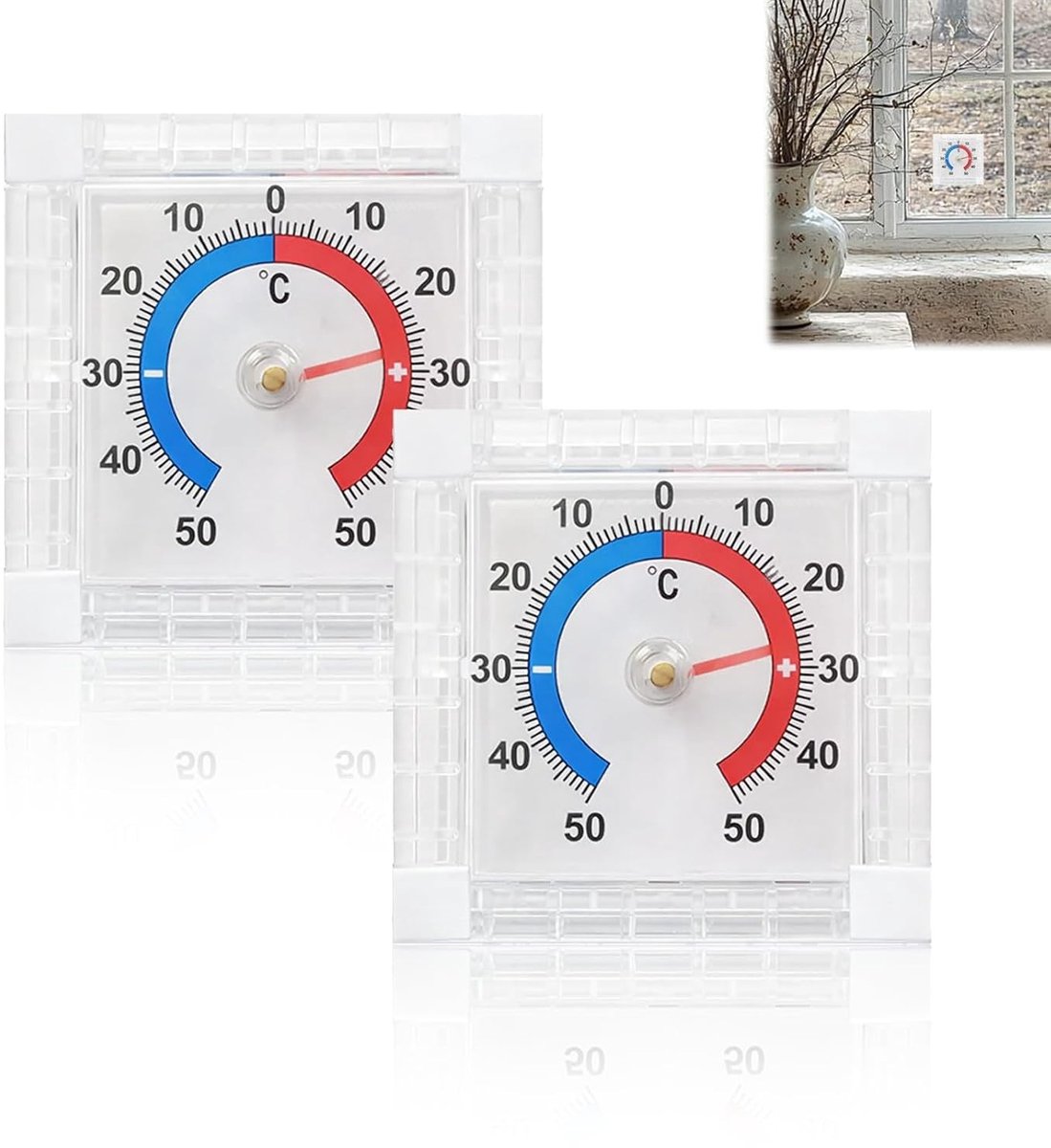 Thermometer - Transparant - 7,5 x 7,5 cm - Analoge Buitenthermometer voor Ramen en Buiten