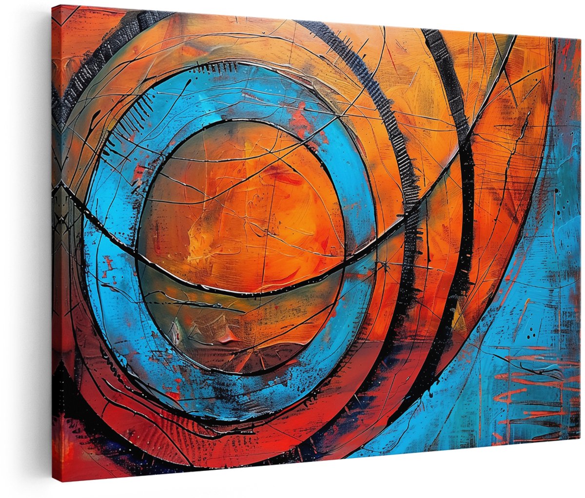 Artaza Canvas Schilderij Abstract met Blauwe en Oranje Cirkels - 150x100 cm - Groot - Wanddecoratie Woonkamer - Schilderijen - Muurdecoratie
