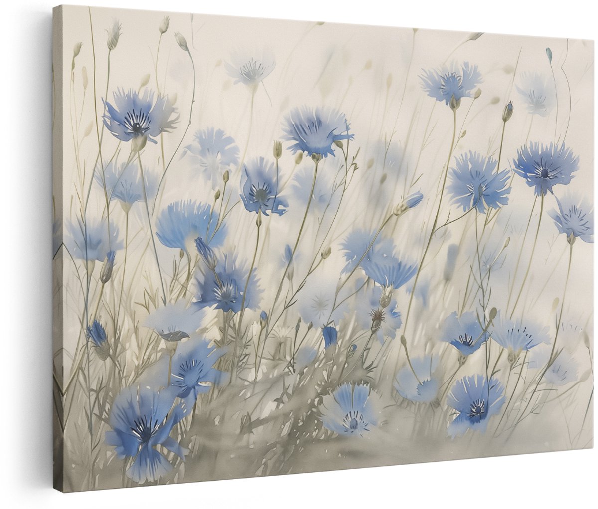 Artaza Canvas Schilderij Blauwe Bloemen in een Veld - Bloemen - 150x100 cm - Groot - Wanddecoratie Woonkamer - Schilderijen - Muurdecoratie
