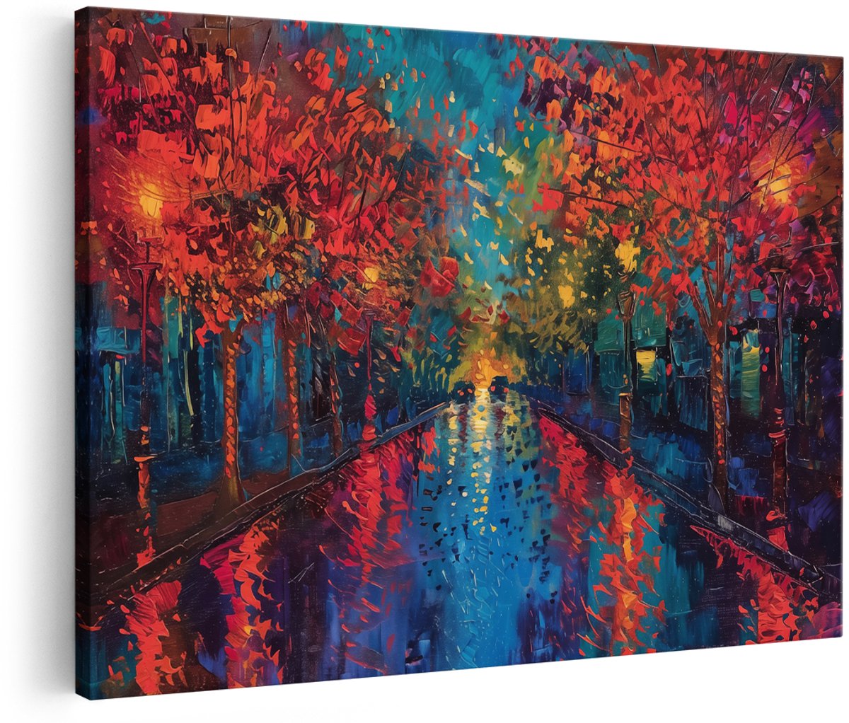 Artaza Canvas Schilderij Regenachtige Nacht in Parijs - 150x100 cm - Groot - Wanddecoratie Woonkamer - Schilderijen - Muurdecoratie