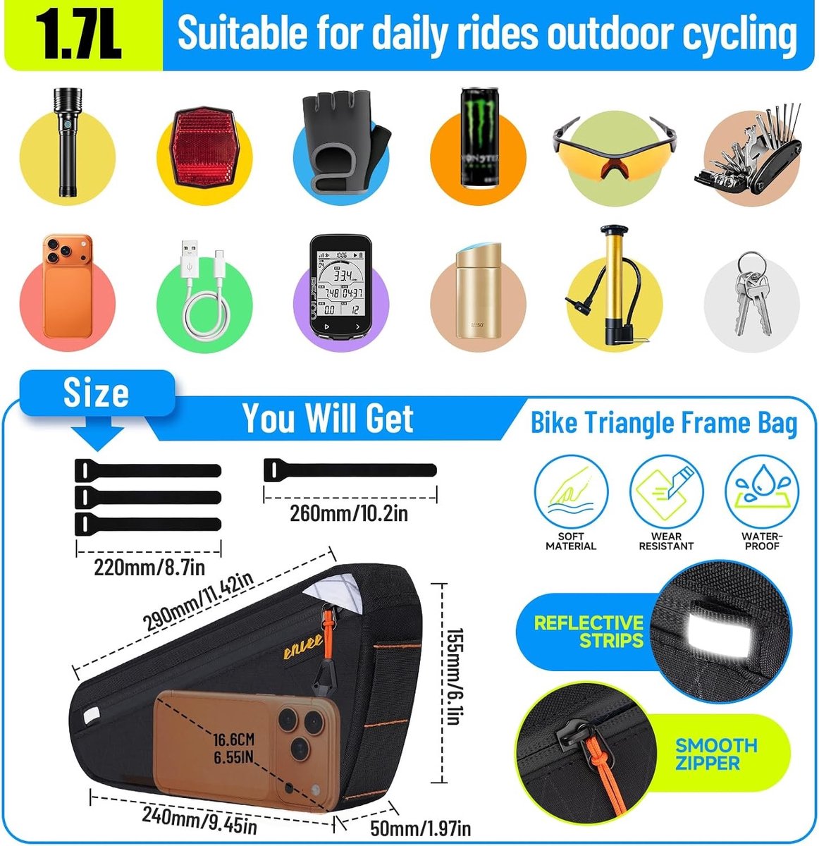 Fietstas - Zwart - 1,7 L - Waterdichte Fietstas voor MTB en Racefiets - Voor Heren en Dames