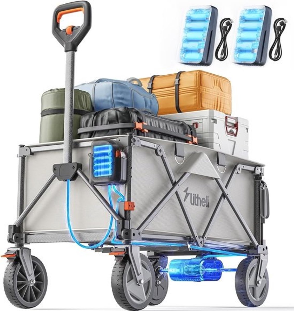 Opvouwbare elektrische bolderkar met remmen - 200L capaciteit, 60 kg belastbaar, ideaal voor camping, tuin, strand en winkelen