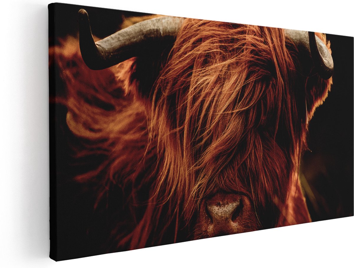 Artaza Canvas Schilderij Schotse Hooglander Koeienkop - Kleur - 140x70 cm - Groot - Wanddecoratie Woonkamer - Schilderijen - Muurdecoratie
