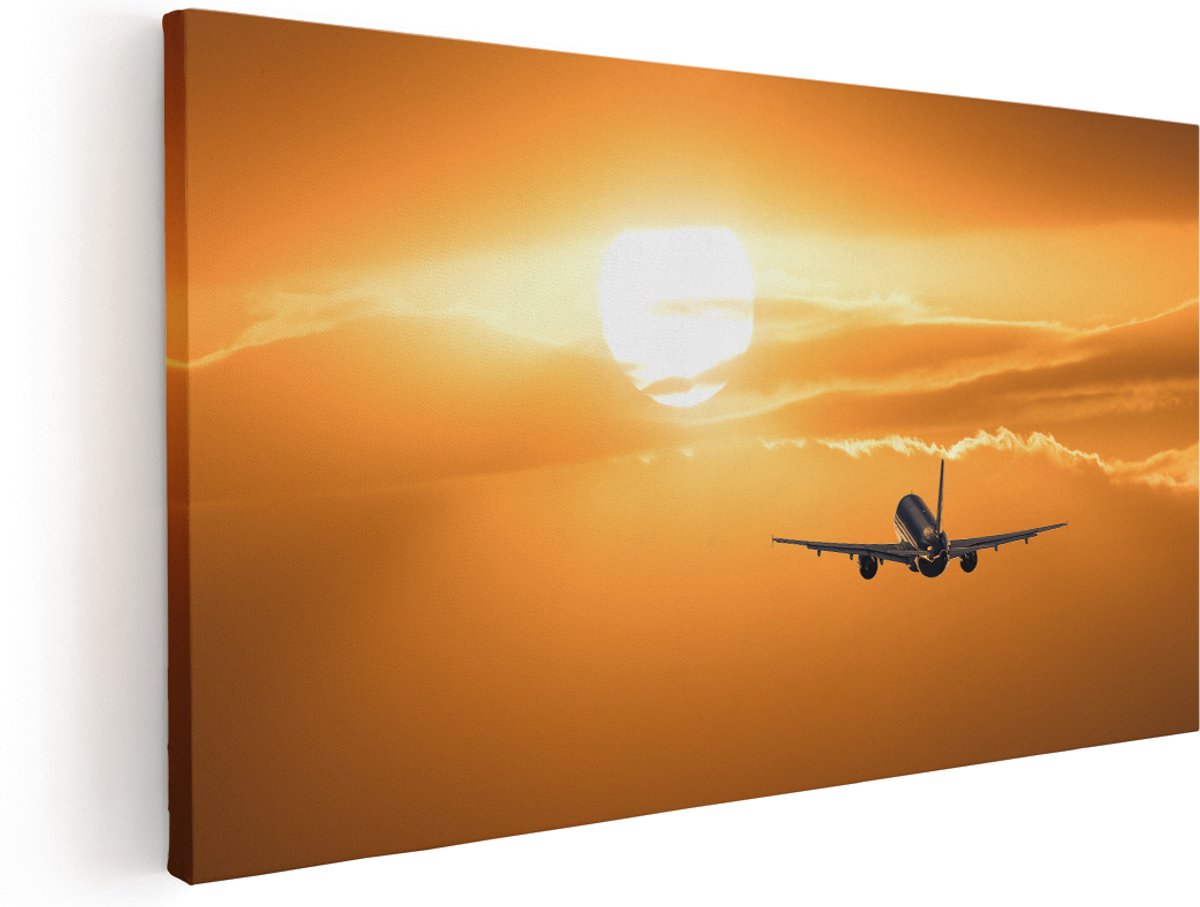 Artaza Canvas Schilderij Vliegtuig Bij Zonsondergang - 140x70 cm - Groot - Wanddecoratie Woonkamer - Schilderijen - Muurdecoratie