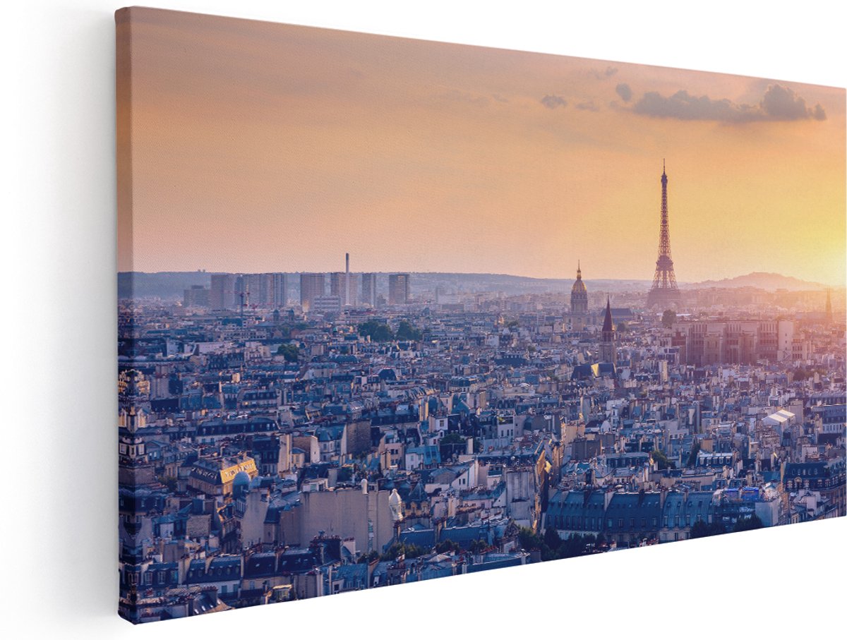 Artaza Canvas Schilderij Skyline Van Parijs Tijdens Zonsondergang - 140x70 cm - Groot - Wanddecoratie Woonkamer - Schilderijen - Muurdecoratie