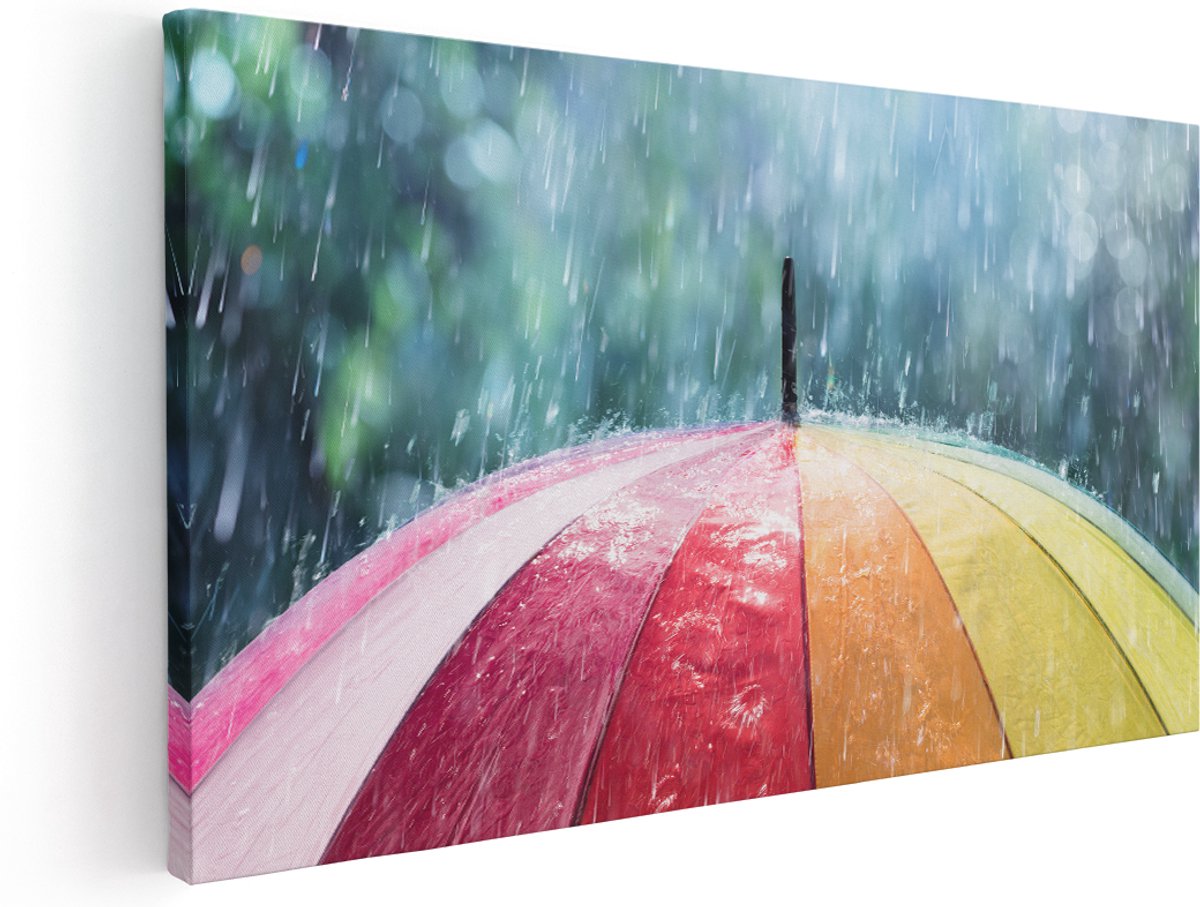 Artaza Canvas Schilderij Regenboog Paraplu met Regen - 140x70 cm - Groot - Wanddecoratie Woonkamer - Schilderijen - Muurdecoratie