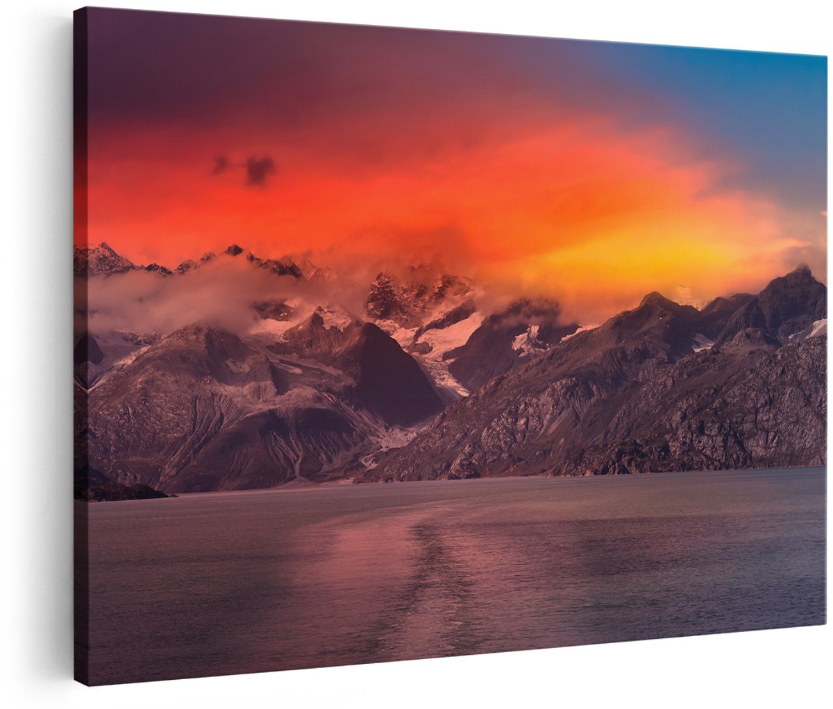Artaza Canvas Schilderij Meer Bij De Bergen Bij Zonsondergang - 150x100 cm - Groot - Wanddecoratie Woonkamer - Schilderijen - Muurdecoratie