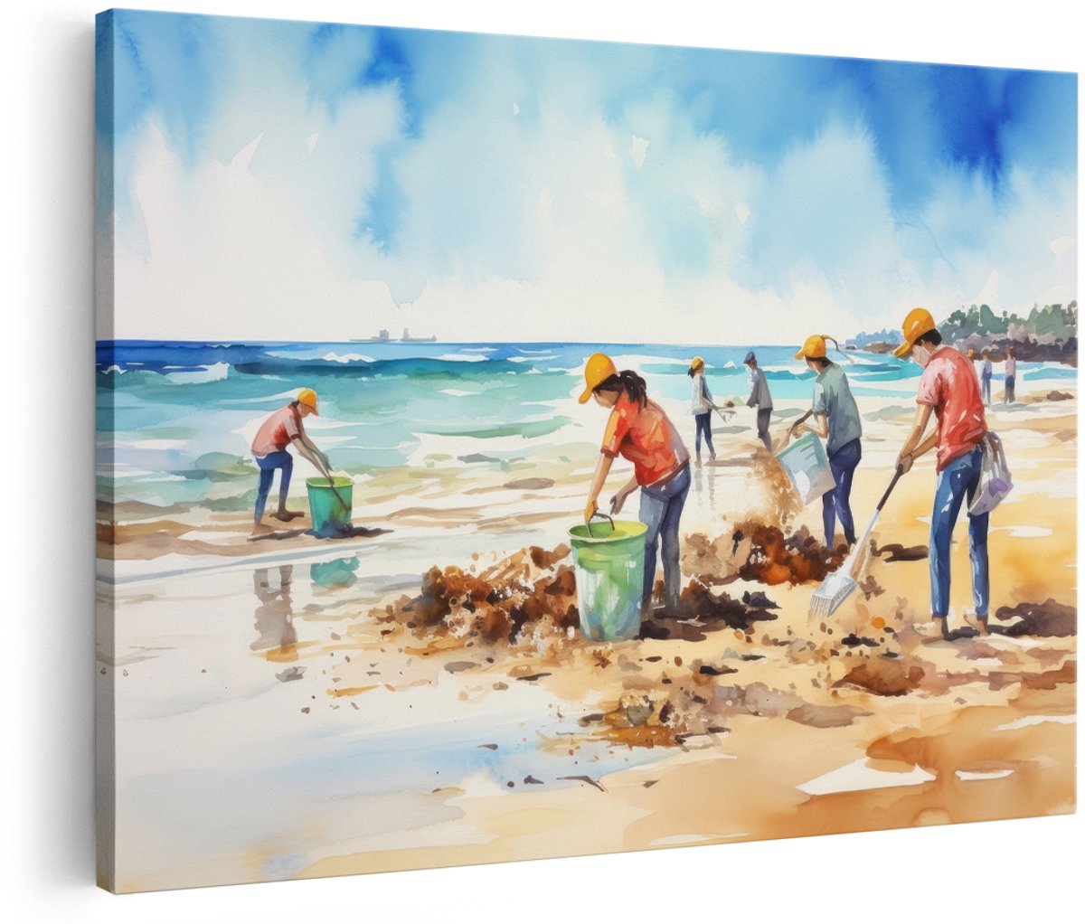 Artaza Canvas Schilderij Strand - 150x100 cm - Groot - Wanddecoratie Zee - Muurdecoratie Aquarel - Decoratie Vrijwilligers Schoonmaak