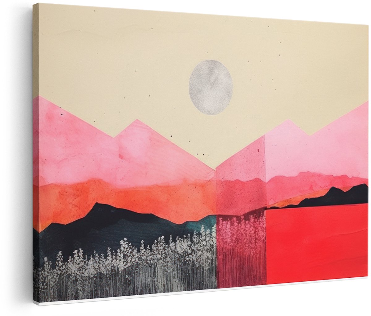 Artaza Canvas Schilderij Abstract Landschap - 150x100 cm - Groot - Wanddecoratie Bergen - Muurdecoratie Modern - Decoratie Maan - Roze