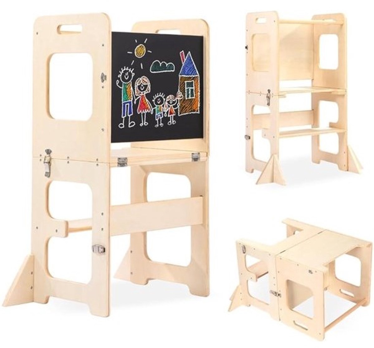 Leertoren Inklapbaar - Montessori-Leertoren Voor Kinderen - Opvouwbare Montessori-Leertoren - 3-In-1 Opstapje - Leren Stoel - Kinderkrukje Met Keukentafel Voor Kinderen Vanaf 18 Maanden - (Hout)