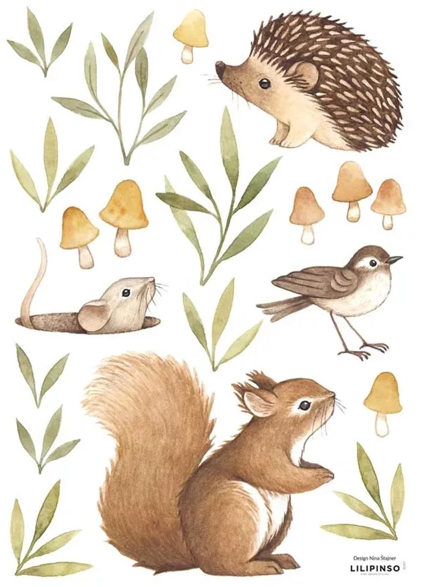 Lilipinso muursticker A3 bosdieren met paddenstoelen bruin groen