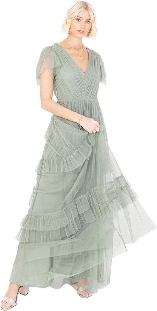 Maxi-jurk voor dames met korte mouwen - Gelaagde V-hals en vlinderdas - Bruidsmeisje en gala kleding - Frosted Groen, Maat 38