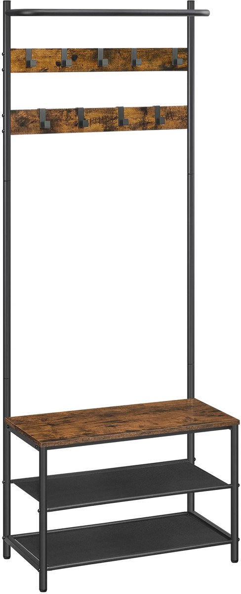 MokoHub Kapstok met schoenenrek - Schoenenrek - Kapstok - 9 afneembare haken - 32,2x64x180 cm - Zwart & hout