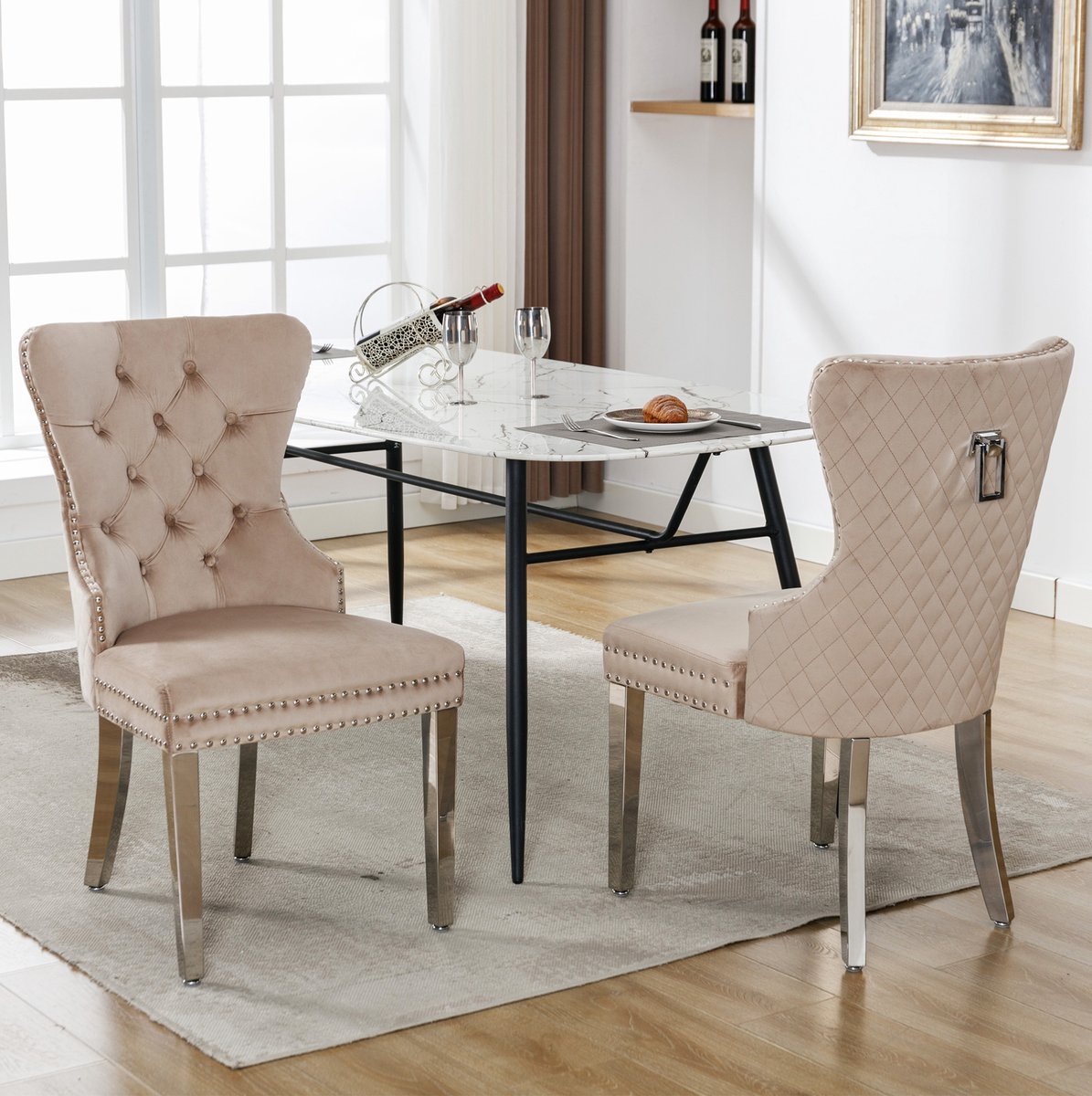Wishdor Eetkamerstoel set van 2 - Gekapitonneerde rugleuning - Soft beklede zitting - Metalen vierpoot - Eetkamer woonkamer keuken - Velvet - Beige - 53 x 62,5 x 94,5 cm