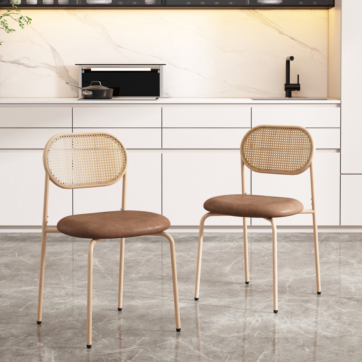 Wishdor Eetkamerstoel set van 2 - Ronde rattan rugleuning - PU zitting metalen vierpoot - Voor woonkamer eetkamer restaurant café hotel - Bruin - 46 x 48 x 80 cm