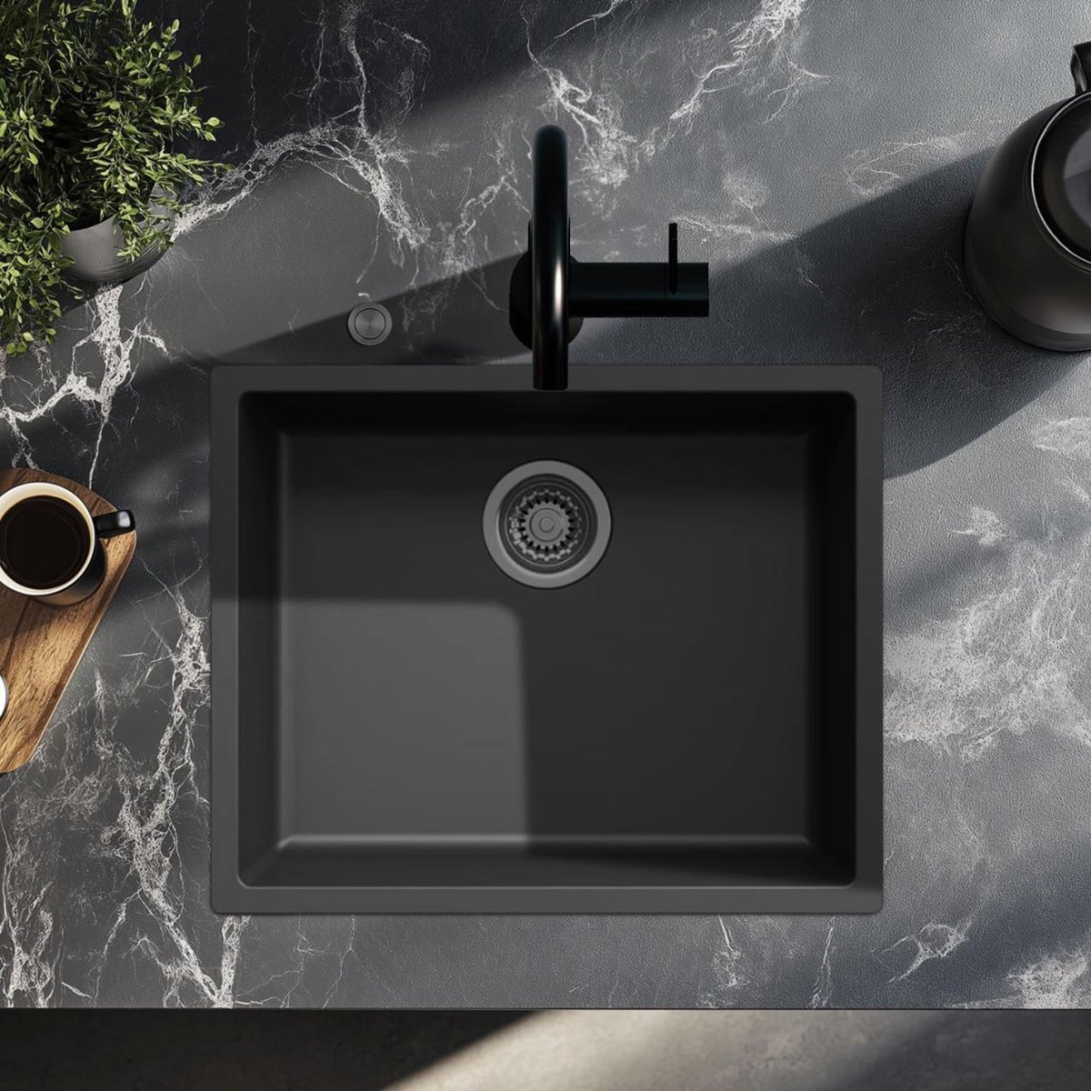 Spoelbak 50x40 cm zwart onderbouw en opbouw gun metal plug Pure.Sink
