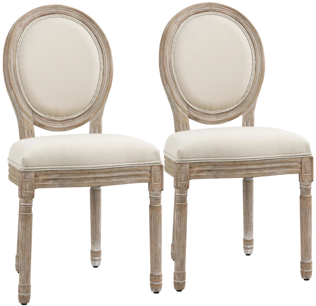 Eetkamerstoel - Set Van 2 - Met Rugleuning - Linnenlook - Gestoffeerde Fauteuil - Voor Woonkamer En Eettafel - Houten Poten - Crèmewit En Naturel