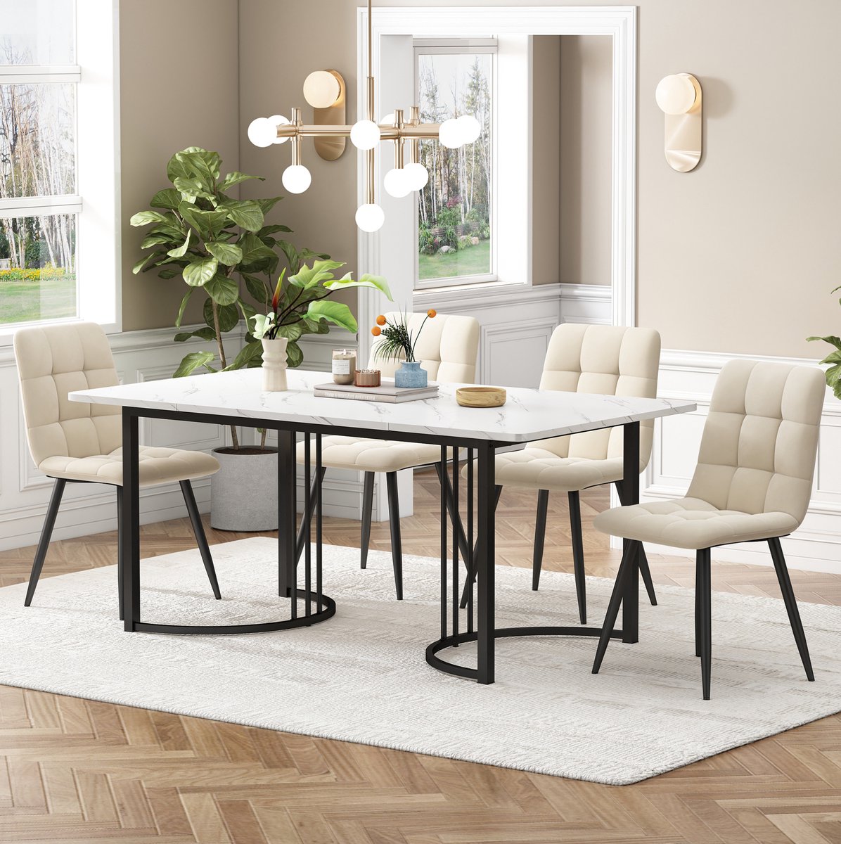 Wishdor Eetkamerset - Vijfdelig met 4 stoelen - Modern design met marmereffect en zwarte metalen poten - Woonkamer eetkamer keuken - Wit beige - 140 x 80 x 75 cm