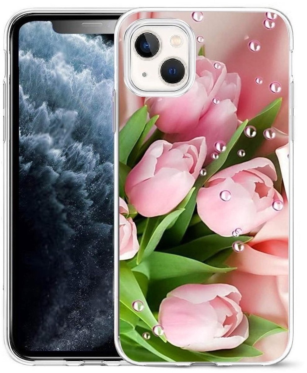 Cityhoesje-iPhone 14 / 13-Bloemen-Backcover - Bloemen Roze